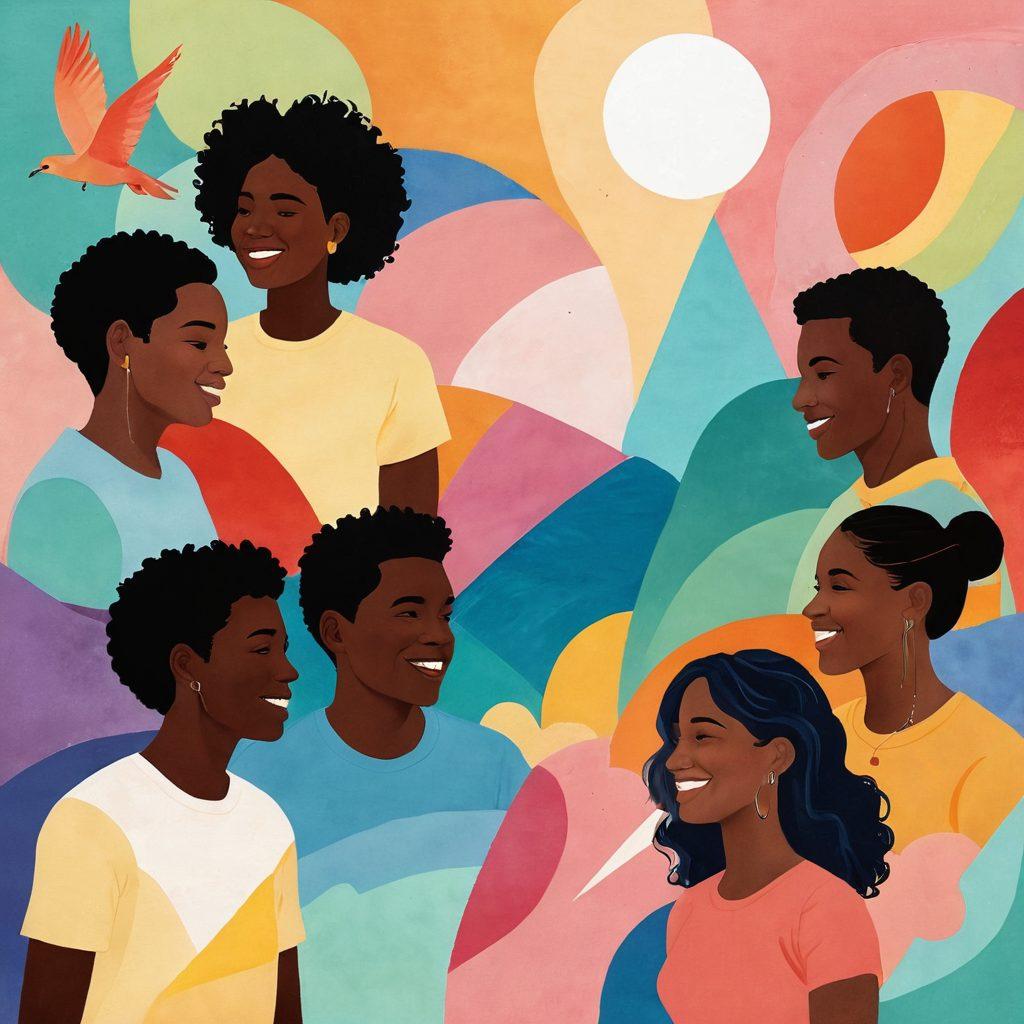 A vibrant and expressive collage depicting a diverse group of individuals joyfully sharing their personal experiences, surrounded by symbolic elements of love, equality, and exploration. Integrate soft pastel colors with heartfelt quotes swirling around them, representing their journeys. The background should evoke a sense of openness and warmth, with sunlight filtering through abstract shapes to create an inviting atmosphere. super-realistic. vibrant colors. soft pastel background.