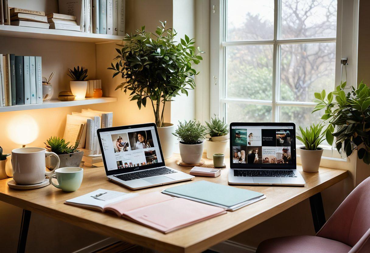 A warm, inviting scene of a cozy home office with a couple discussing lifestyle choices, surrounded by wellness books and plants. A soft light filters through a window, highlighting their connection while they share ideas for enhancing intimacy and health. Include elements like a laptop showing a blog, notepads, and a cup of tea, symbolizing comfort and communication. pastel colors. soft focus.