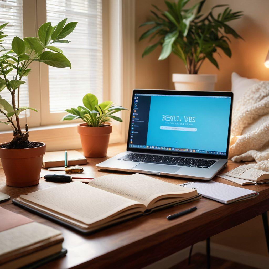 A serene and inviting workspace showcasing an open laptop surrounded by personal journaling materials, soft lighting, and a potted plant symbolizing growth. Include elements representing intimacy like a cozy blanket and warm-toned decor. In the background, subtle hints of medical books and wellness items to emphasize sexual health discussions. Vibrant colors. super-realistic. soft focus.
